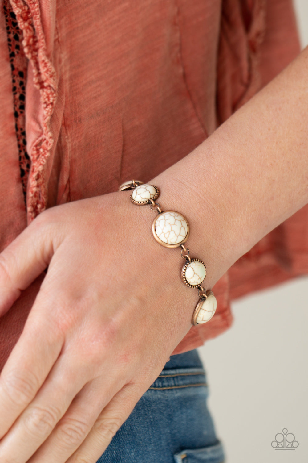 Paparazzi Accessories-Turn Up The Terra Copper White Stone Bracelet