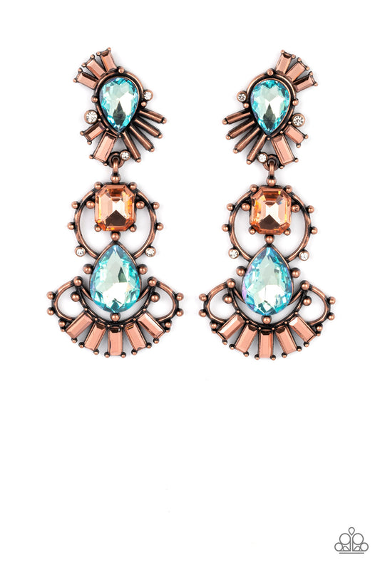 Paparazzi Accessories-Ultra Universal Copper Iridescent Blue Teardrop Earrings