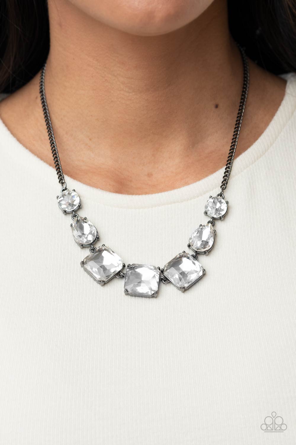 Paparazzi Accessories-Unfiltered Confidence Black Brilliant White Square Necklace Set