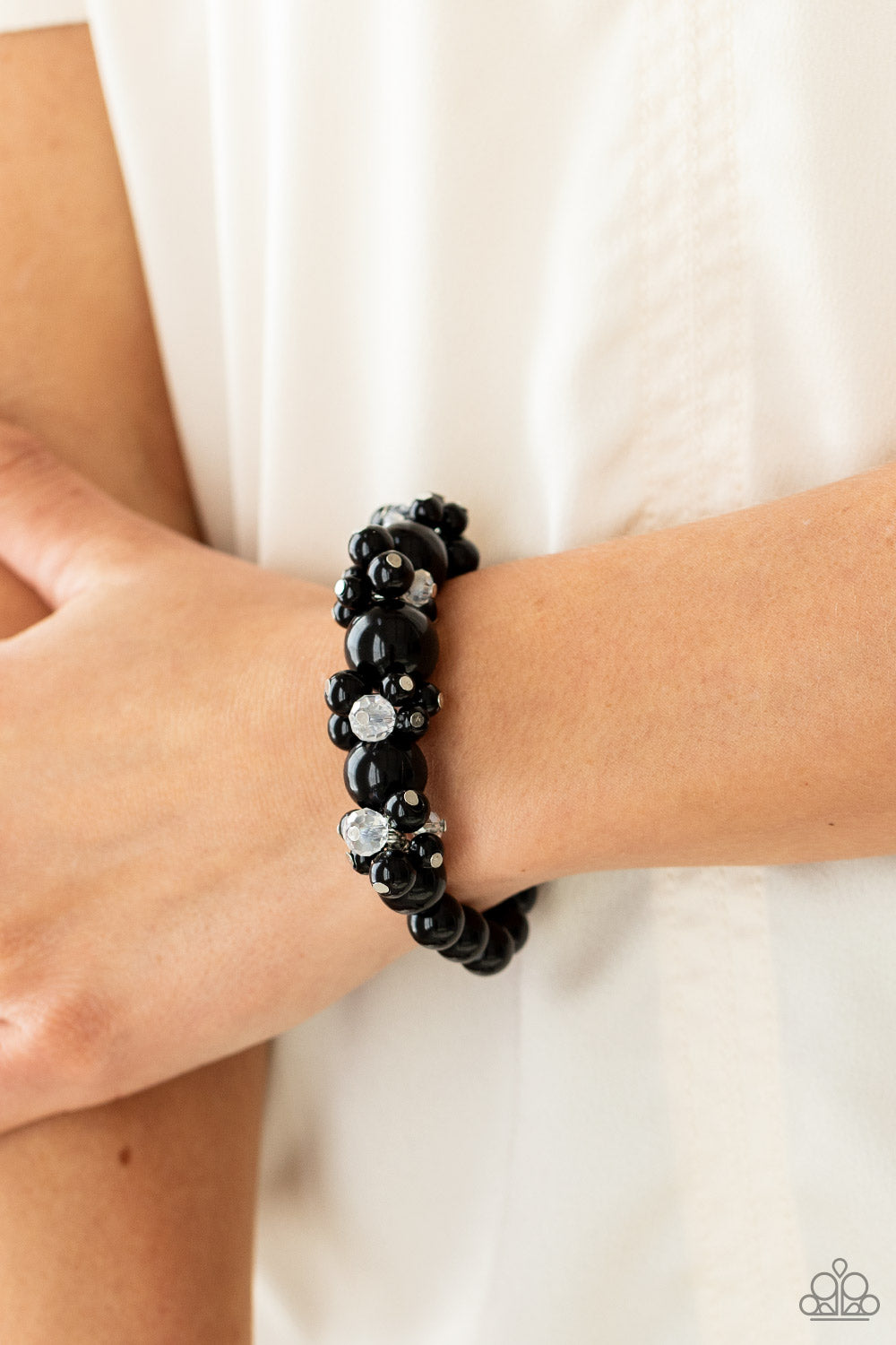 Paparazzi Accessories-Upcycled Upscale Black Sparkly White Crystal Bead Bracelet