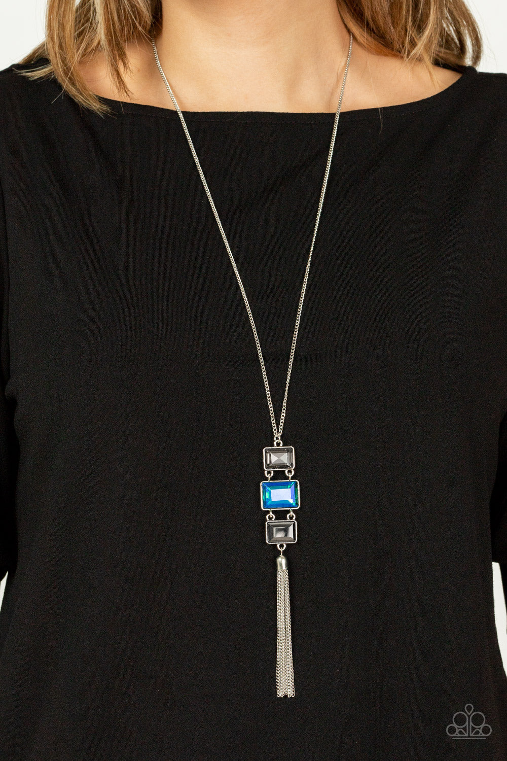 Paparazzi Accessories-Uptown Totem Blue Smoky Rectangular Gem Necklace Set