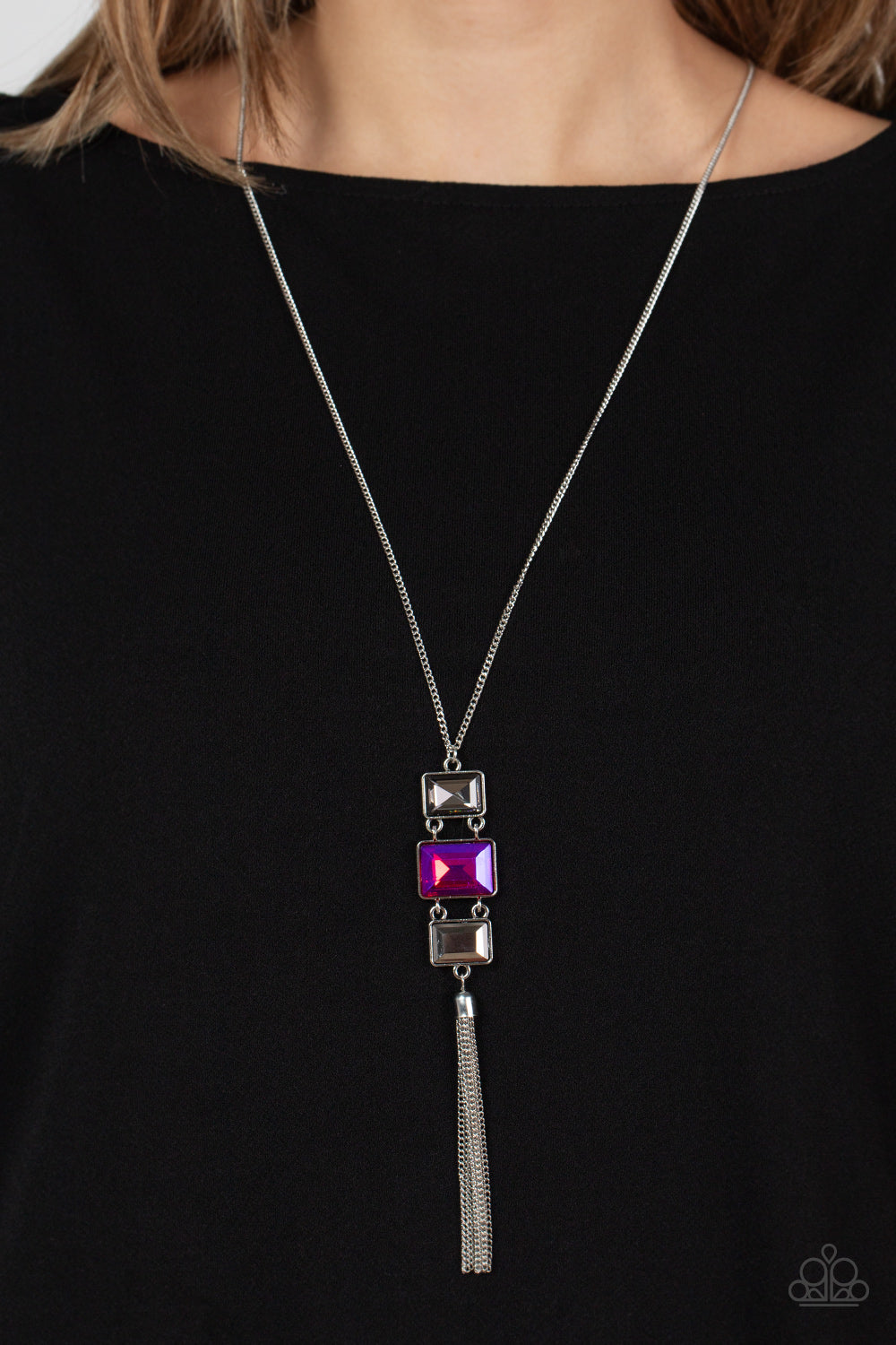 Paparazzi Accessories-Uptown Totem Pink Smoky Rectangular Tassel Necklace Set