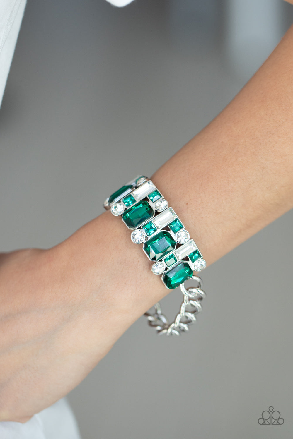 Paparazzi Accessories-Urban Crest Green Chunky White Rhinestone Bracelet