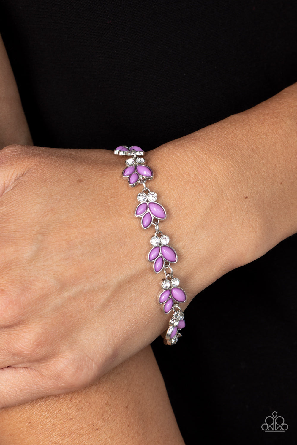 Paparazzi Accessories-Vineyard Variety Purple Bead White Rhinestone Leafy Bracelet