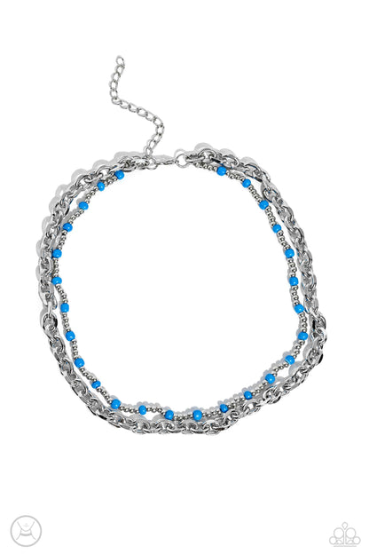 Paparazzi Accessories-A Pop Of Color Blue Bead Silver Strand Necklace Set