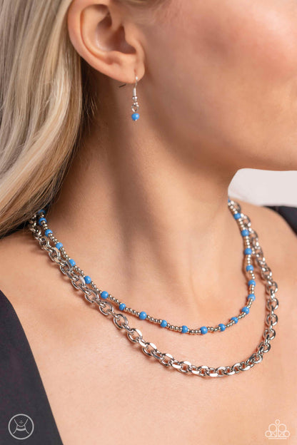 Paparazzi Accessories-A Pop Of Color Blue Bead Silver Strand Necklace Set