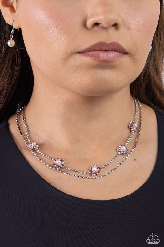 Paparazzi Accessories-A SQUARE Beauty Pink Rhinestone Petals Necklace Set