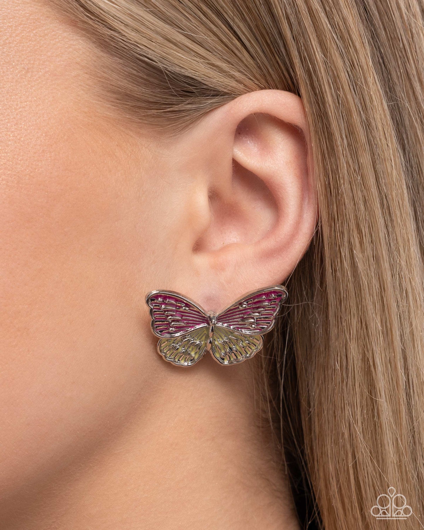 Paparazzi Accessories-Aerial Appreciation Pink Peacock Butterfly Earrings