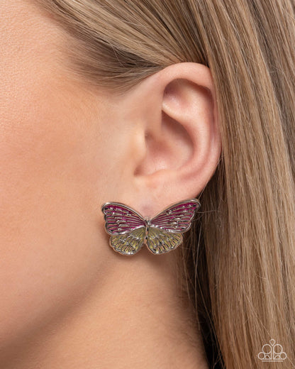 Paparazzi Accessories-Aerial Appreciation Pink Peacock Butterfly Earrings