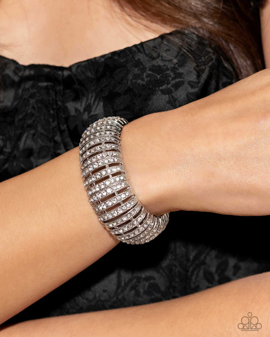 Paparazzi Accessories-Appealing A-Lister White Gem Curved Silver Bracelet
