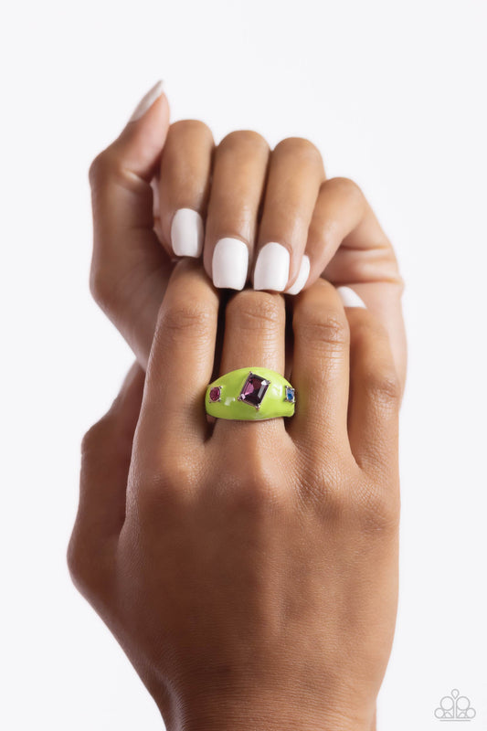 Paparazzi Accessories-Blinding Behavior Green Arc Frame Ring