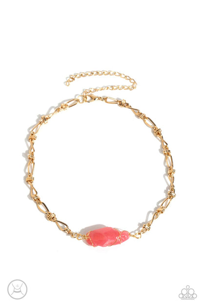 Paparazzi Accessories-Cavern Class Pink Stone Gold Chain Choker Set