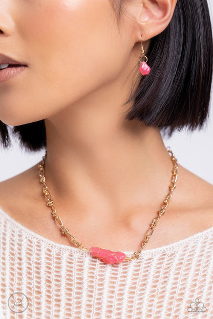 Paparazzi Accessories-Cavern Class Pink Stone Gold Chain Choker Set