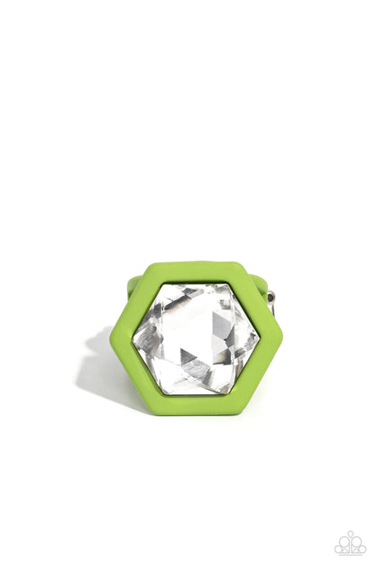 Paparazzi Accessories-Changing Class Green Hexagonal White Gem Ring