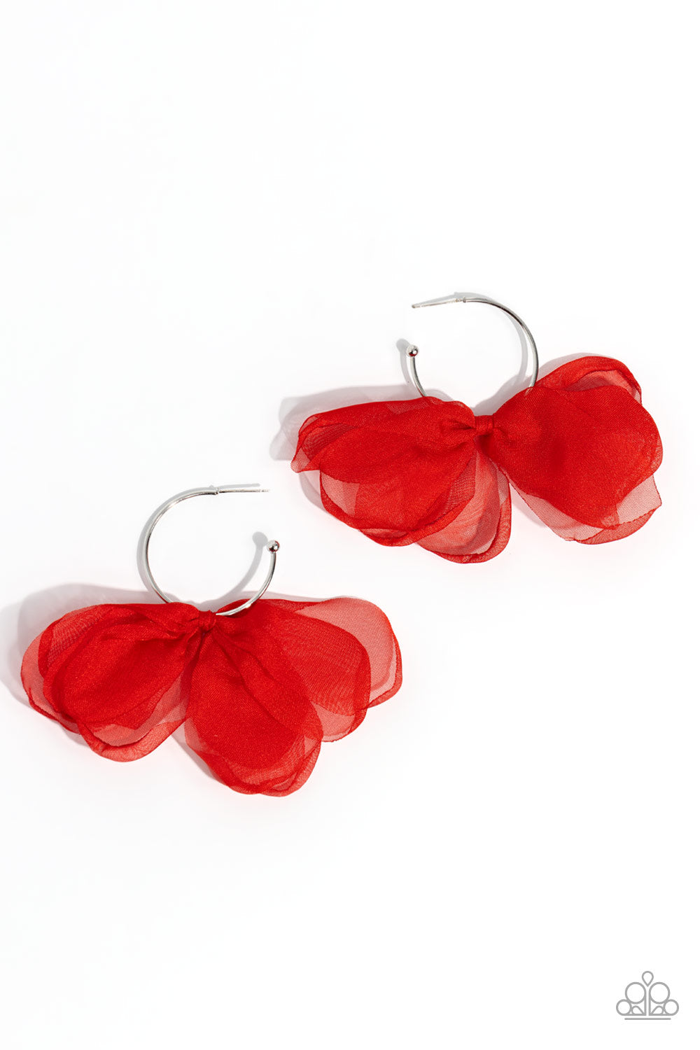 Paparazzi Accessories-Chiffon Class Red Shinny Silver Hoop Earrings