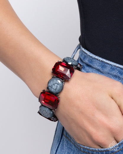 Paparazzi Accessories-Cloudy Conversation Red Marbled Gray Bracelet