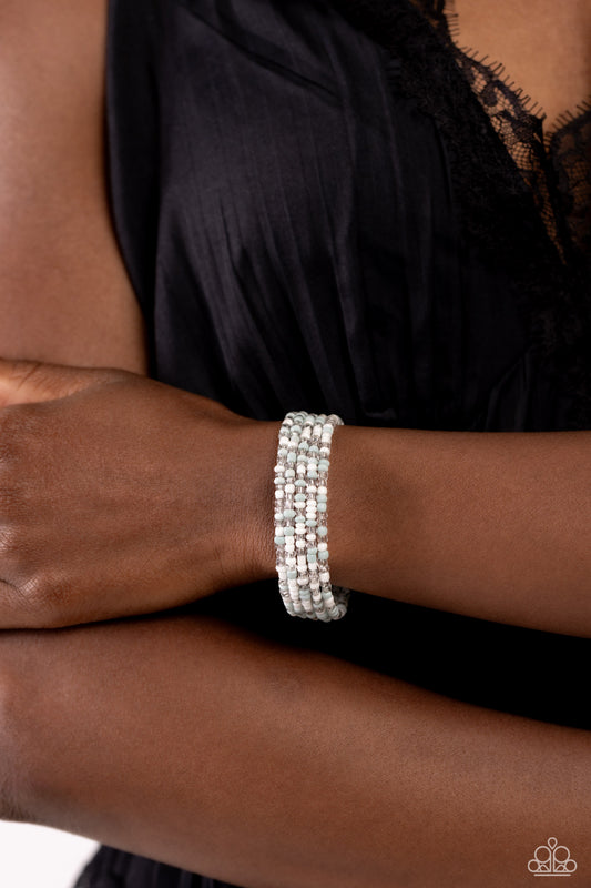 Paparazzi Accessories-Coiled Candy White Pearly Blue Seed Bead Bracelet