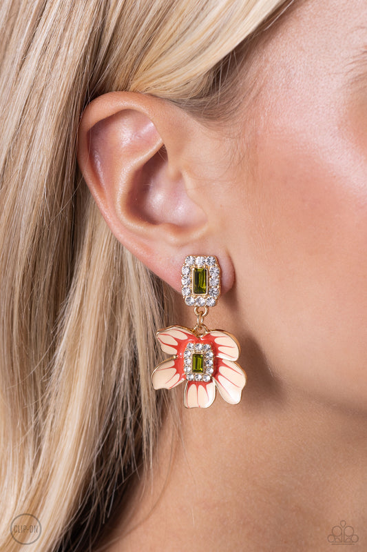 Paparazzi Accessories-Colorful Clippings Green Glitzy Clip-On Earrings