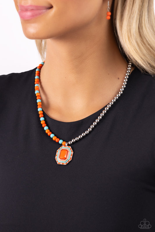 Paparazzi Accessories-Contrasting Candy Orange Glossy Emerald Pendant Set