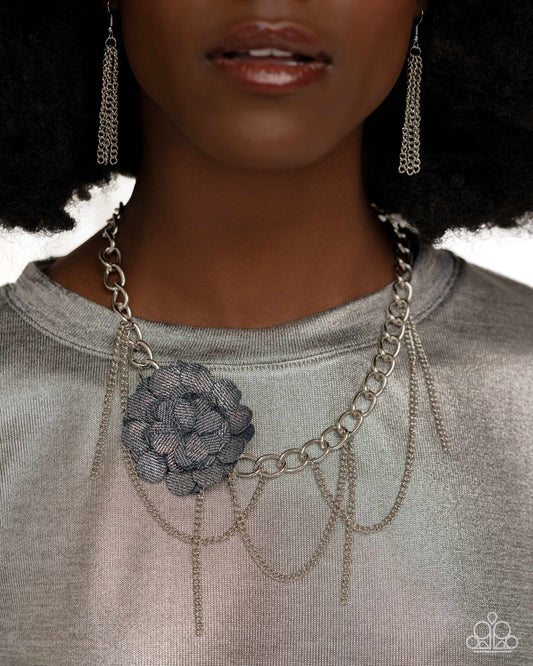 Paparazzi Accessories-Deconstructed Denim Blue Petal Silver Necklace Set