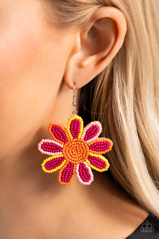 Paparazzi Accessories-Decorated Daisies Pink Seed Bead Petals Earrings