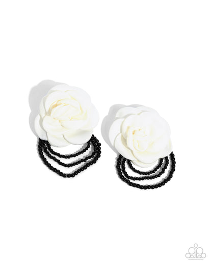 Paparazzi Accessories-Dramatic Dame White Rosette Black Bead Earrings