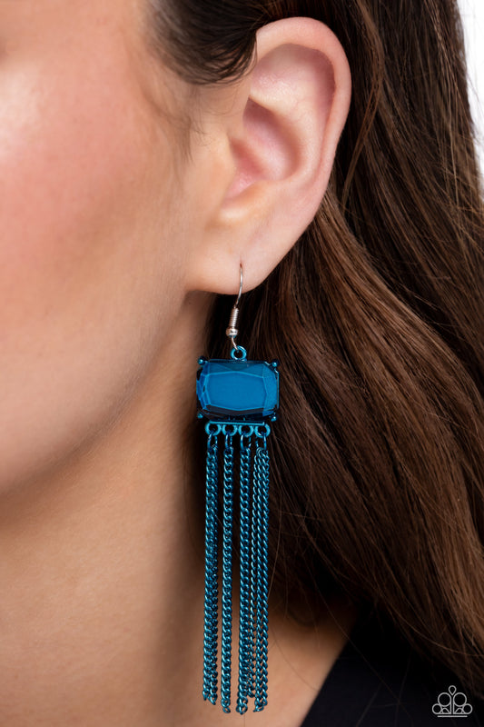 Paparazzi Accessories-Dreaming Of TASSELS Blue Emerald Cut Earrings