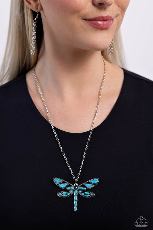 Paparazzi Accessories-FLYNG Low Blue Oversize Dragonfly Pendant Set