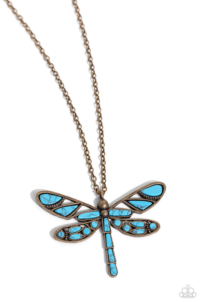 Paparazzi Accessories-FLYING Low Brass Dragonfly Turquoise Necklace Set