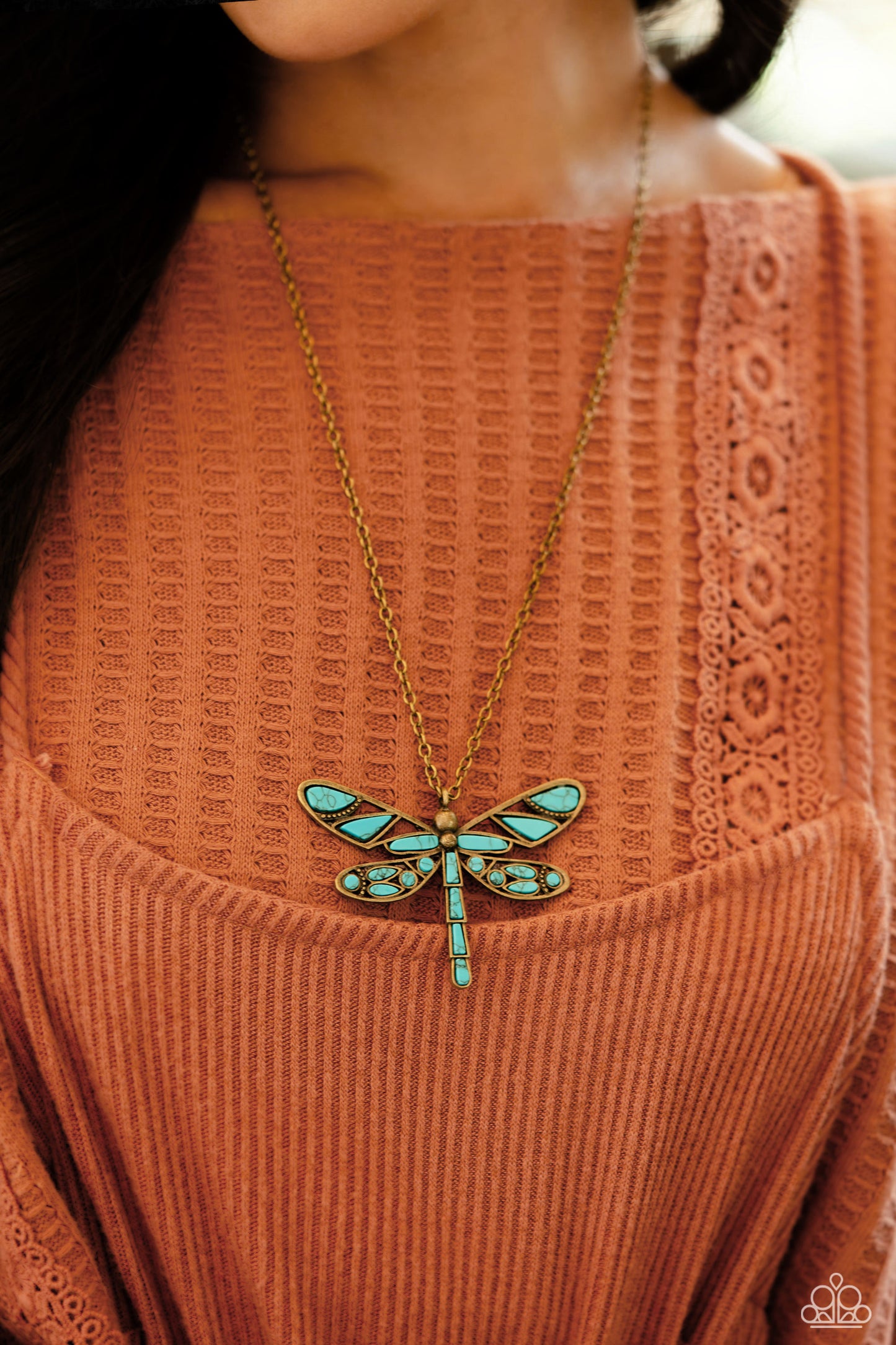 Paparazzi Accessories-FLYING Low Brass Dragonfly Turquoise Necklace Set
