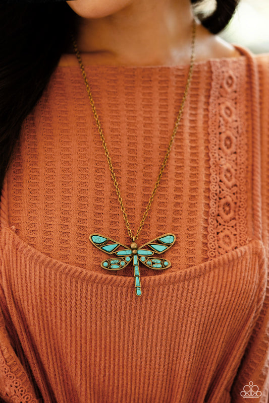 Paparazzi Accessories-FLYING Low Brass Dragonfly Turquoise Necklace Set
