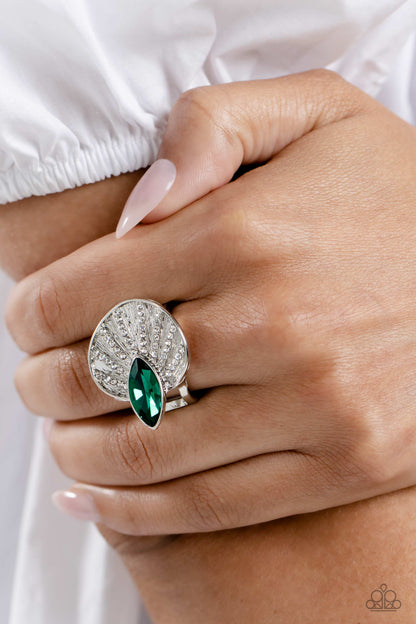 Paparazzi Accessories-Fan Dance Dazzle Green Linear White Rhinestone Ring