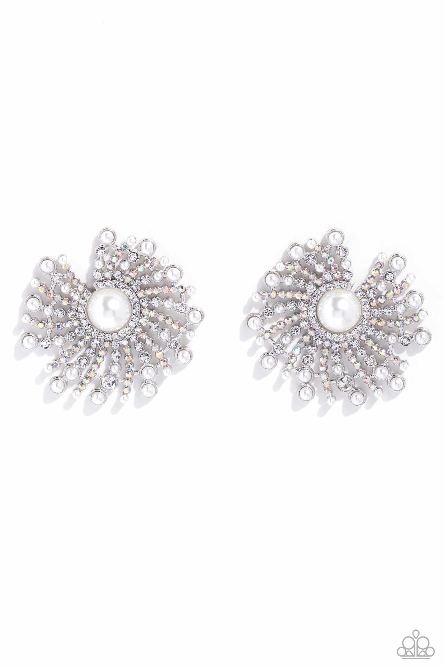 Paparazzi Accessories-Fancy Fireworks White Rhinestone Pearly Earrings