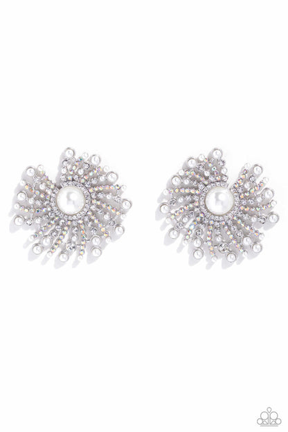 Paparazzi Accessories-Fancy Fireworks White Rhinestone Pearly Earrings