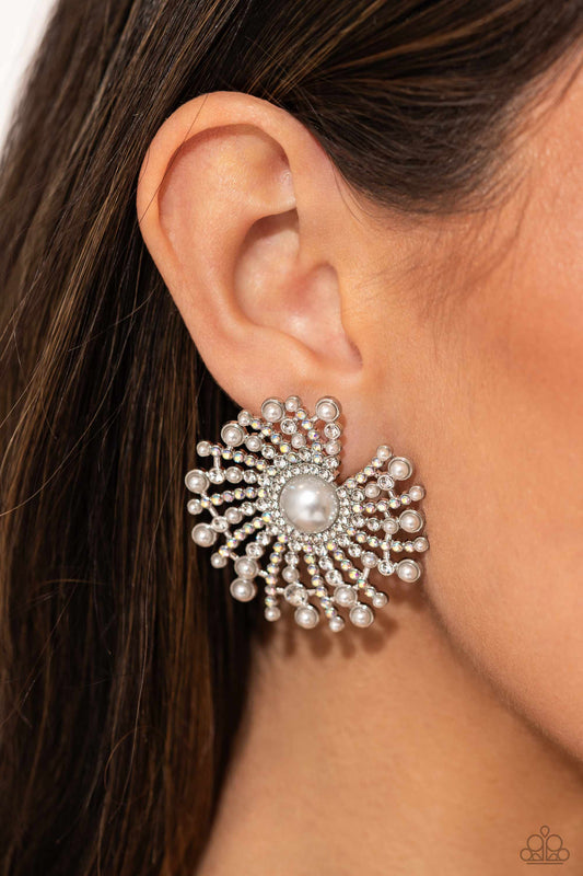 Paparazzi Accessories-Fancy Fireworks White Rhinestone Pearly Earrings