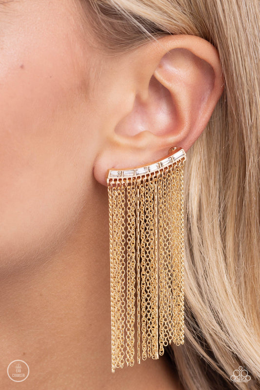 Paparazzi Accessories-Feuding Fringe Gold Chains Ear Crawler Earrings