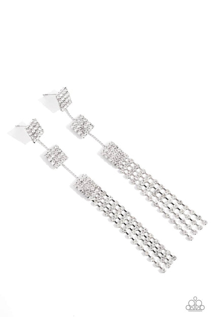 Paparazzi Accessories-Fiercely Free-Falling White Rhinestone Earrings