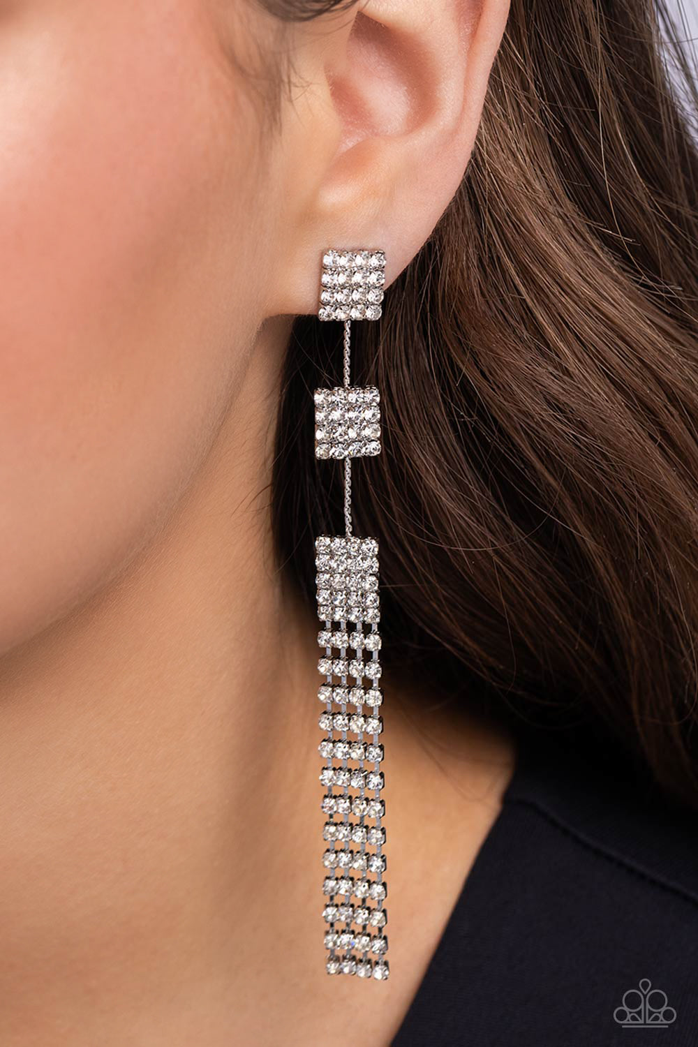 Paparazzi Accessories-Fiercely Free-Falling White Rhinestone Earrings