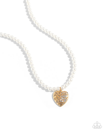 Paparazzi Accessories-Filigree Infatuation Gold Heart Pearl Necklace Set