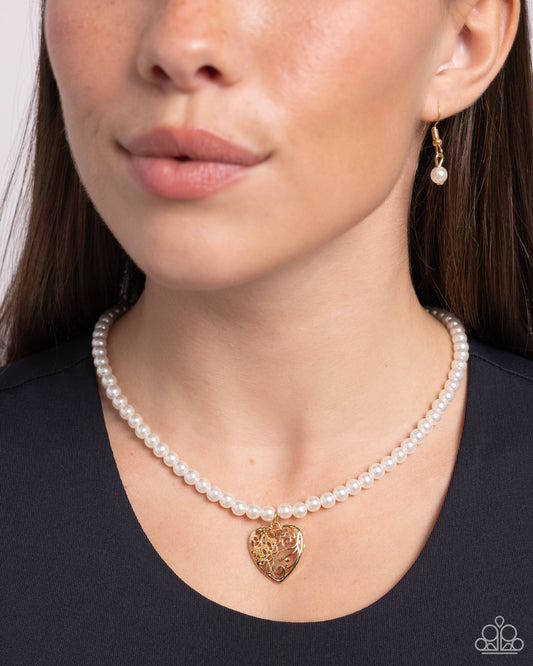 Paparazzi Accessories-Filigree Infatuation Gold Heart Pearl Necklace Set