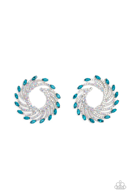 Paparazzi Accessories-Firework Fanfare Blue Iridescent Rhinestone Earrings