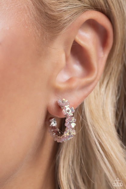 Paparazzi Accessories-Floral Focus Pink Iridescent Flowers Hoop Earrings