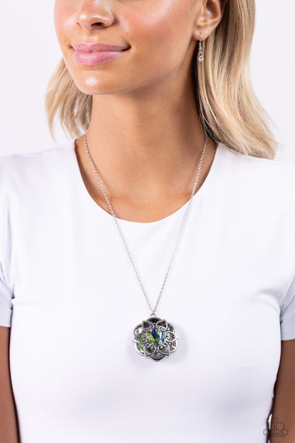 Paparazzi Accessories-Flowering Fantasy Green UV Floral Pendant Set