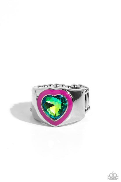 Paparazzi Accessories-Fond Regard Pink Frame UV Green Heart Shaped Ring