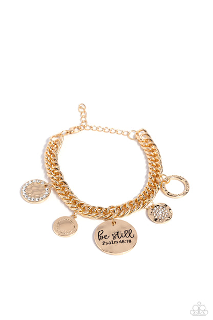 Paparazzi Accessories-GLITTER And Grace Gold Be Still Scripture Bracelet
