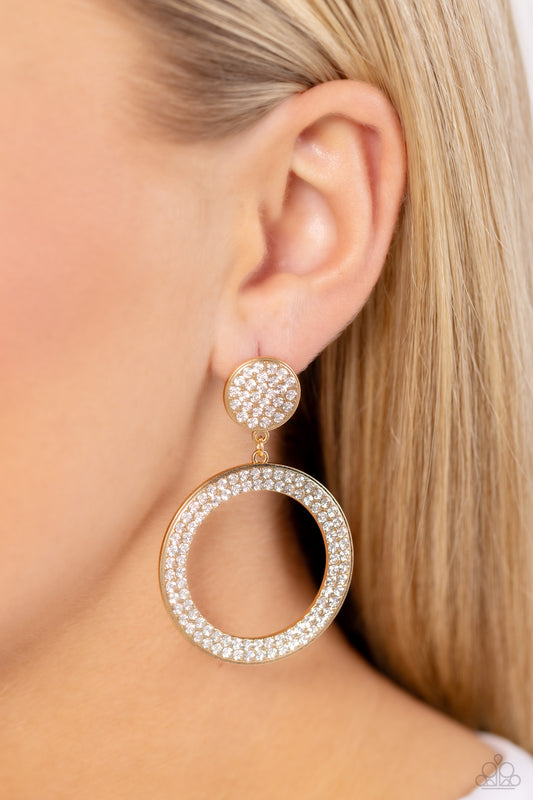 Paparazzi Accessories-GLOW You Away Gold Glassy Rhinestone Hoop Earrings