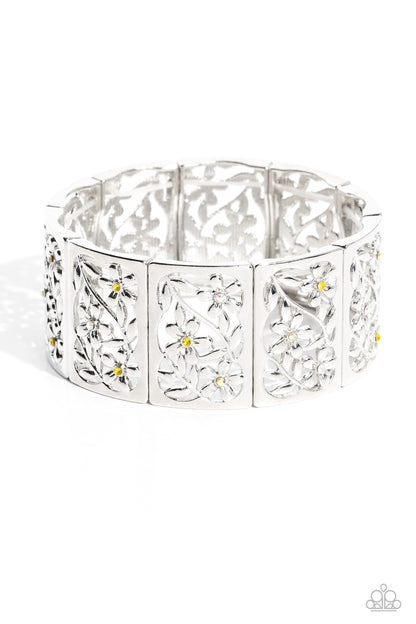 Paparazzi Accessories-Garden Walls Yellow Leafy Floral Silver Bracelet