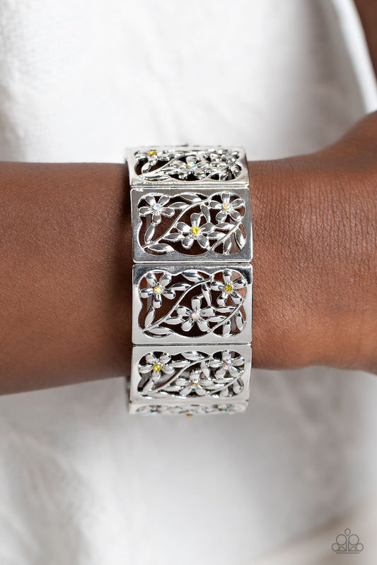 Paparazzi Accessories-Garden Walls Yellow Leafy Floral Silver Bracelet