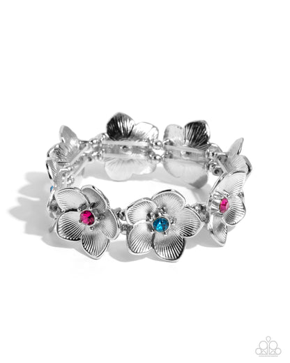 Paparazzi Accessories-General Grandeur Blue Gem Silver Flower Bracelet