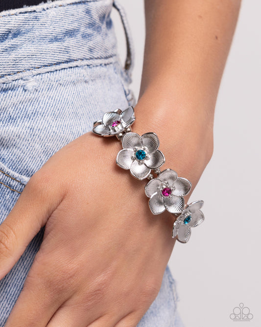 Paparazzi Accessories-General Grandeur Blue Gem Silver Flower Bracelet